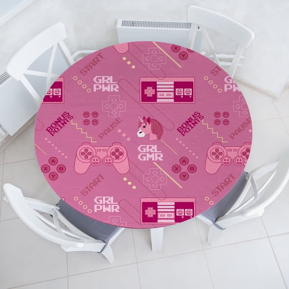Ambesonne Game Emoji Fitted Round Tablecloth, Unicorn Gamepad Print, 45"- 56" Diameter, Pastel Pink Blush Rose