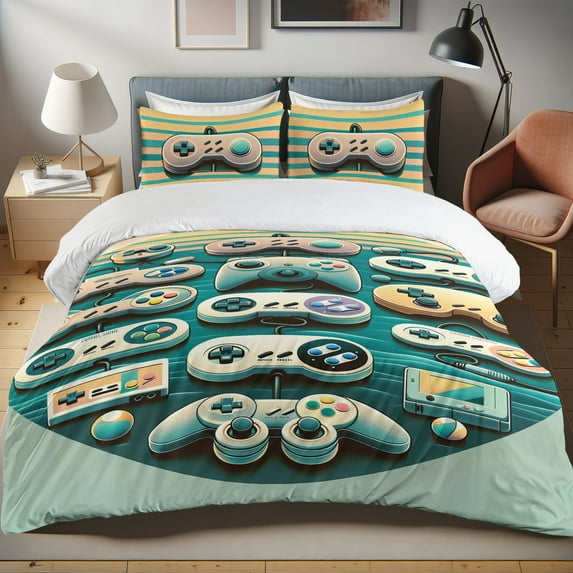 Ambesonne Gamer Duvet Cover Set, Geek Themed Controllers Print, Calking, Teal Pale Orange