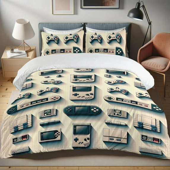 Ambesonne Gamer Duvet Cover Set, Nostalgia Gaming Geek Print, Queen, Pale Mustard Dark Teal