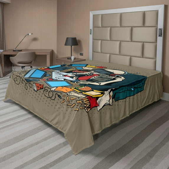 Ambesonne Gamer Flat Sheet, Skeleton in Virtual Reality, King Size, Multicolor
