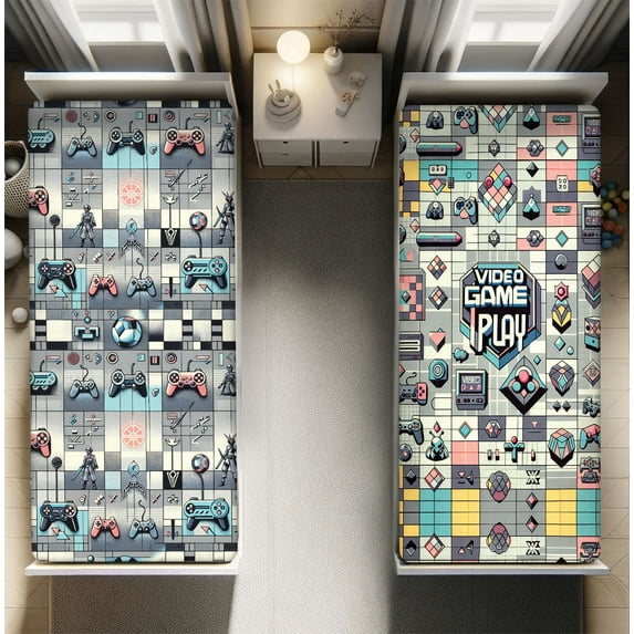 Ambesonne Gamer Themed Fitted Sheet Set 2 Pack All-Round Elastic, Arcade Retro Effect, Queen Size, Blue Grey Rose and Yellow