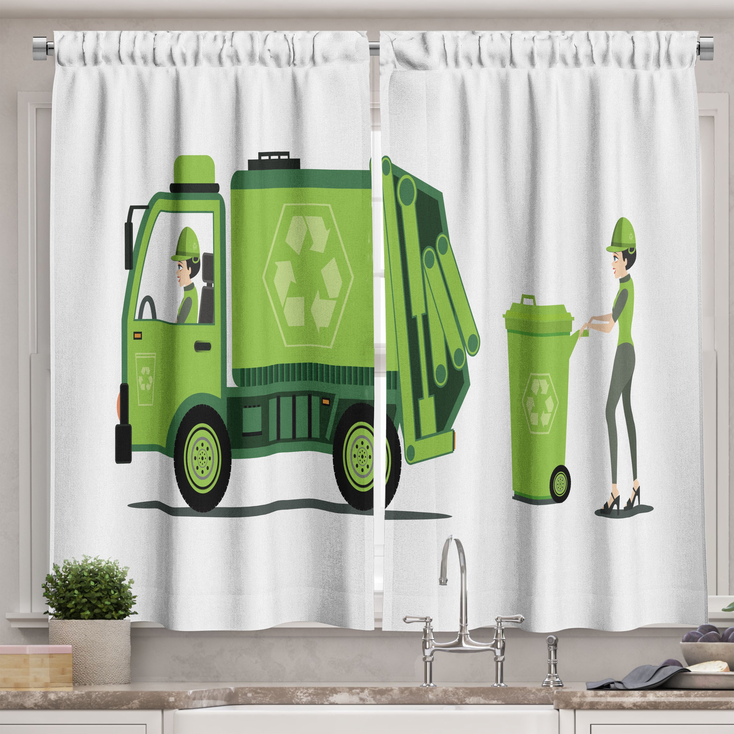 Ambesonne Garbage Truck Kitchen Curtains, Trash Picking Staff, 55