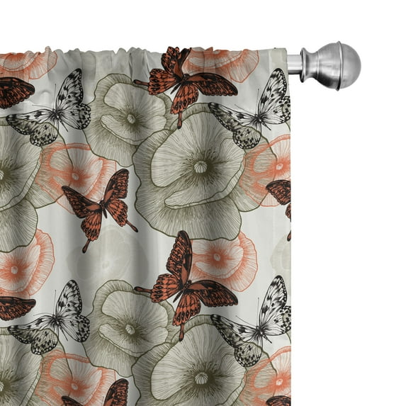 Ambesonne Garden Window Curtains, Poppies and Butterflies, Each 28" W x 95" L, Orange Black Khaki