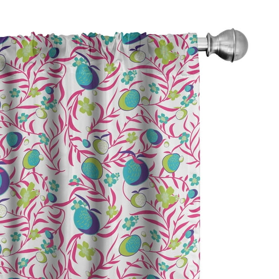Ambesonne Garden Window Curtains, Retro Leaves and Fruits Art, Each 28" W x 84" L, Apple Green and Hot Pink