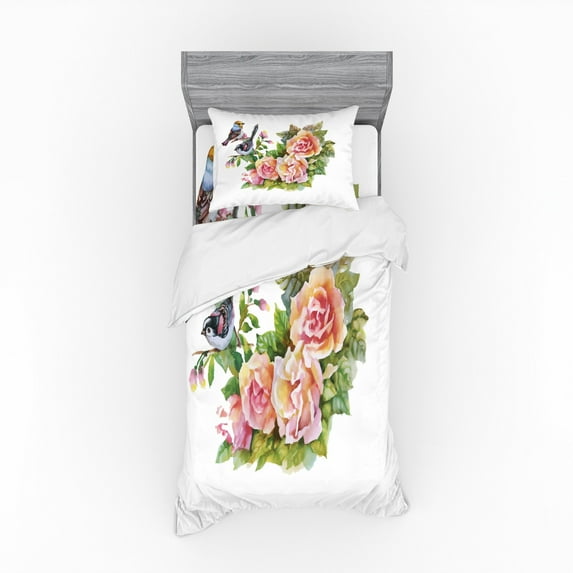 Ambesonne Garden Art Bedding Set 3 Pcs, Sparrows on Roses, Twin XL, Multicolor