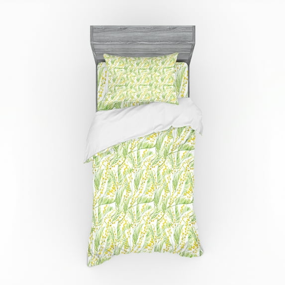 Ambesonne Garden Art Bedding Set 3 Pcs, Watercolor Mimosa, Twin XL, Apple Green and Yellow