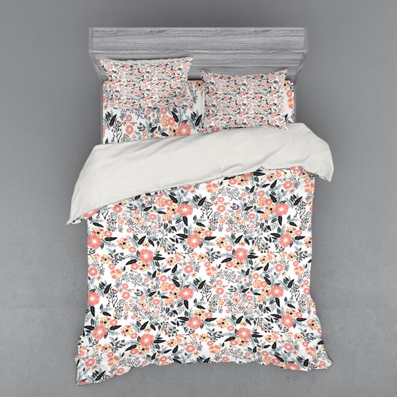 Ambesonne Garden Art Bedding Set 4 Pcs, Flowering Field, Queen, Charcoal Grey Mustard