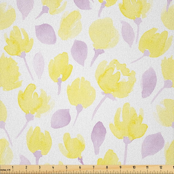 Ambesonne Garden Art Fabric by the Yard Microfiber, Pastel Watercolor Petals, 1 Yard, Yellow Lilac White