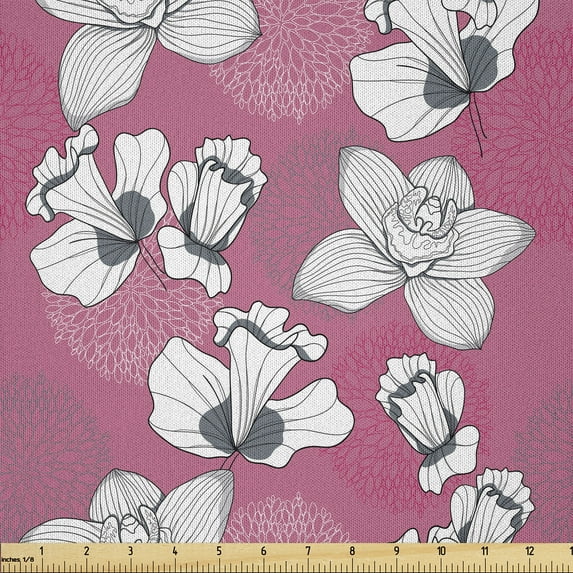 Ambesonne Garden Art Fabric by the Yard Microfiber, Sketch Flower Motifs, 2 Yards, Pink Grey and White