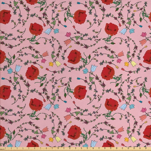 Ambesonne Garden Art Fabric by the Yard Upholstery, Colorful Blooms Flowers, 3 Yards, Multicolor
