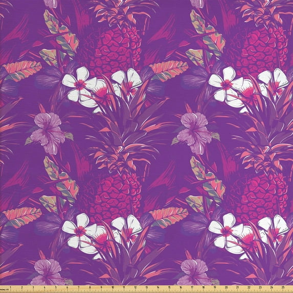 Ambesonne Garden Art Fabric by the Yard Upholstery, Leaves Summer, 2 Yards, Violet Magenta