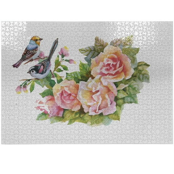 Ambesonne Garden Art Jigsaw Puzzle Durable Cardboard, Sparrows on Roses, 1000 pcs, Multicolor