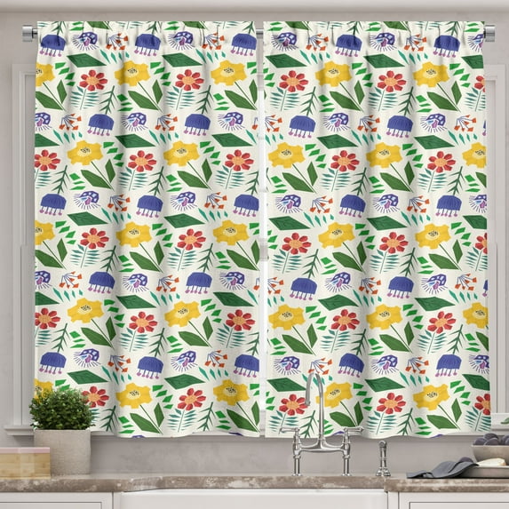 Ambesonne Garden Art Kitchen Curtains, Colorful FieldFlowers, 55"x45", Ivory Multicolor