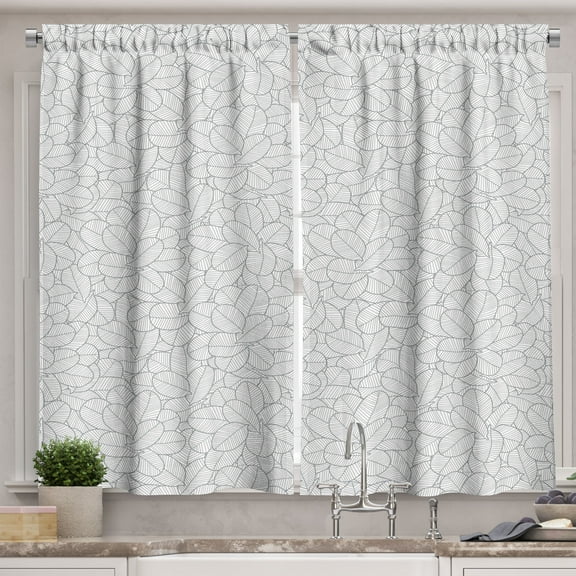 Ambesonne Garden Art Kitchen Curtains, Greyscale Hatched Leaves, 55"x36", Grey and White