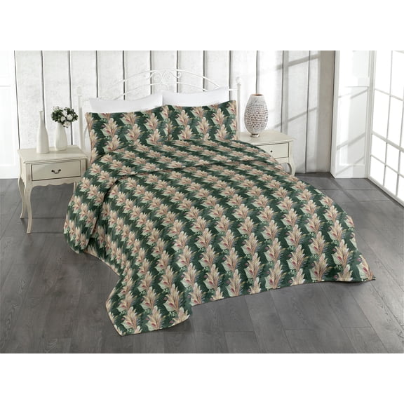 Ambesonne Garden Art Quilted Bedspread Set 3 Pcs, Art Colorful Palm Leaves, Twin, Hunter Green Multicolor
