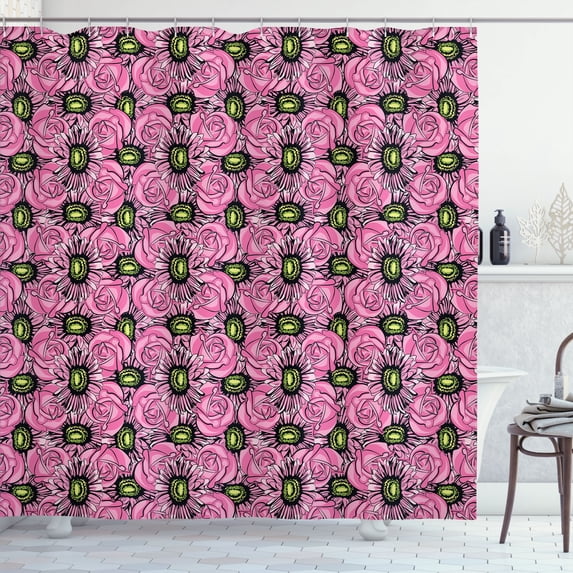 Ambesonne Garden Art Shower Curtain, Roses and Gerbera, 69"Wx75"L, Pink Pale Green