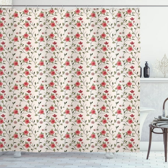 Ambesonne Garden Art Shower Curtain, Roses and Leafy Branches, 69"Wx84"L, Pearl Coral Sage Green