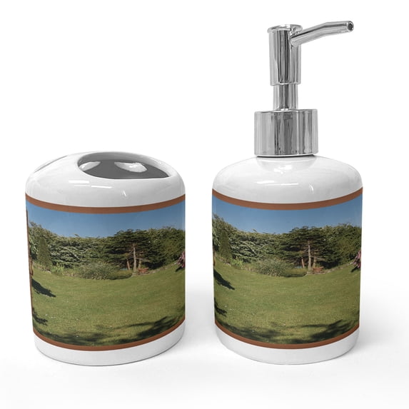 Ambesonne Garden Art Soap Dispenser & Toothbrush Holder Set, Window to Fresh Backyard, 2 Pcs, Olive Green Redwood