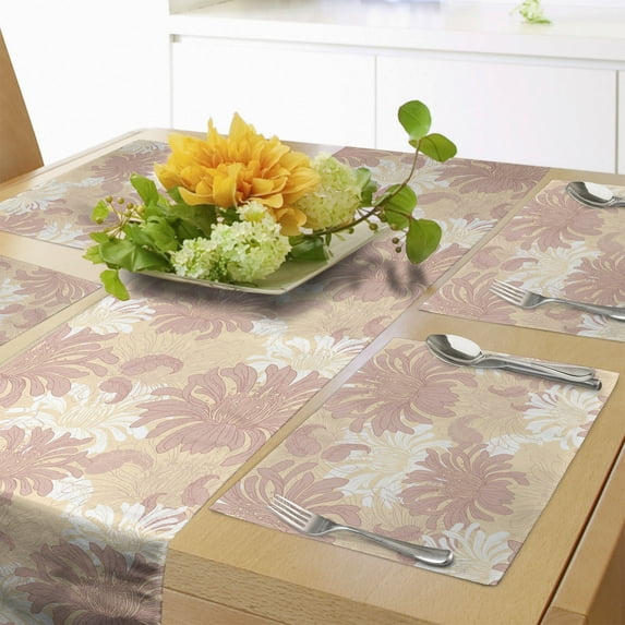 Ambesonne Garden Art Table Runner & Placemats, Retro Floral Blooms, Placemat 4 pcs + Runner 14"x72", Coral White Peach