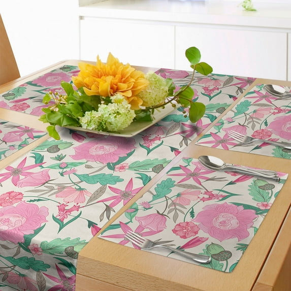 Ambesonne Garden Art Table Runner & Placemats, Vintage Nature in Bloom, Placemat 4 pcs + Runner 16"x72", Mint Green Pale Pink