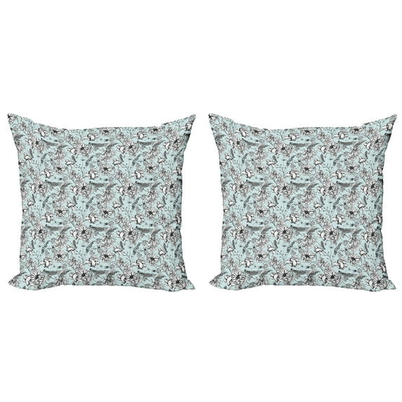Ambesonne Garden Art Throw Pillow Cover 2 Pack, Bugs and Daises, 18", Pale Blue White