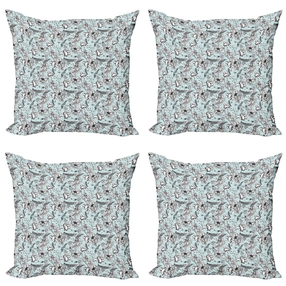 Ambesonne Garden Art Throw Pillow Cover 4 Pack, Bugs and Daises, 18", Pale Blue White