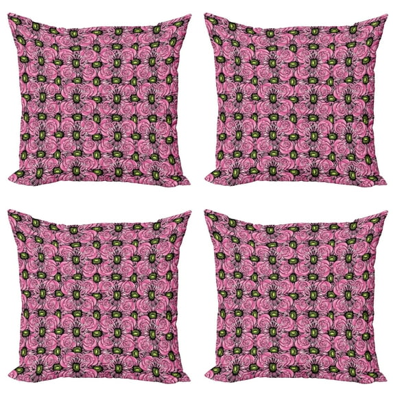 Ambesonne Garden Art Throw Pillow Cover 4 Pack, Roses and Gerbera, 20", Pink Pale Green