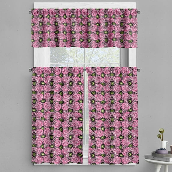 Ambesonne Garden Art Valance & Curtain, Roses and Gerbera, 55"x30", Pink Pale Green