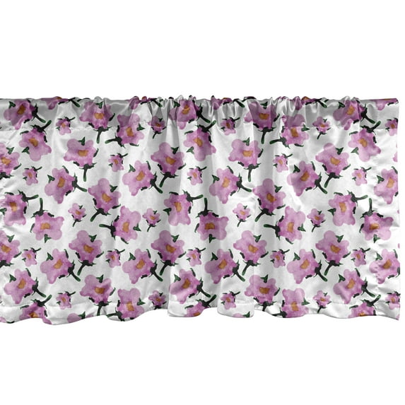 Ambesonne Garden Art Window Valance, Watercolor Effect Abstract Flower Silhouettes Image Botanical Details, Curtain Valance for Kitchen Bedroom Decor with Rod Pocket, 54" X 12", Purple Hunter Green