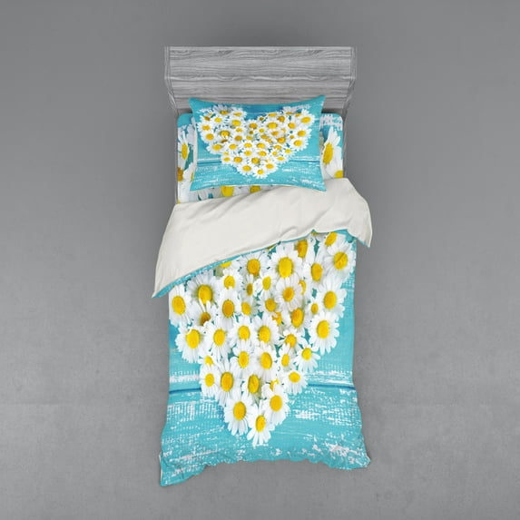 Ambesonne Garden Bedding Set 3 Pcs, Heart Shaped Daisy, Twin, Sky Blue White