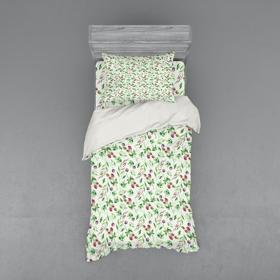 Ambesonne Garden Bedding Set 3 Pcs, Raspberry Leaves Petals, Twin XL, Pink Fern Green Violet