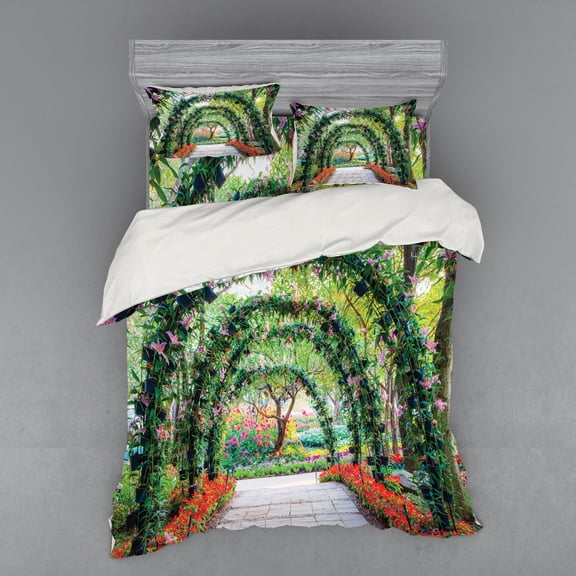 Ambesonne Garden Bedding Set 4 Pcs, Flower Arches Plants, Queen, Green Red