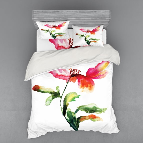 Ambesonne Garden Bedding Set 4 Pcs, Flowering Poppy, Queen, Red Green White