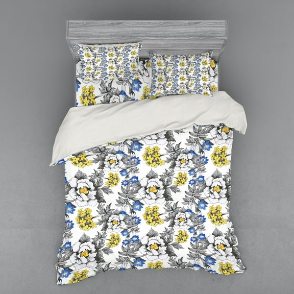Ambesonne Garden Bedding Set 4 Pcs, Peony Hydrangea Violets, Queen, Dark Grey Yellow