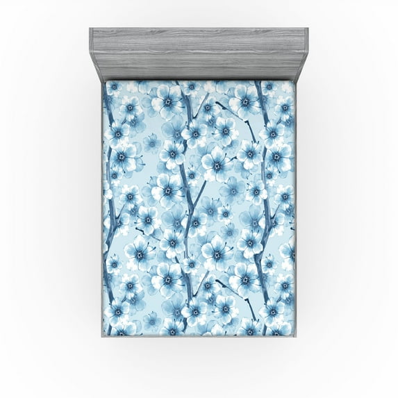 Ambesonne Garden Boho Fitted Sheet, Winter Flowers Vintage, California King, Pale Blue Blue Grey