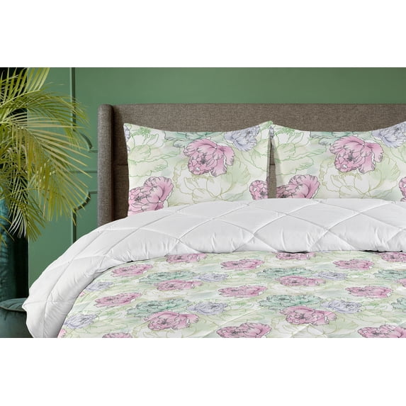 Ambesonne Garden Down Alternative Quilt Comforter, Hand-Drawn Peonies Pattern, Queen, Soft Pink and Almond Green