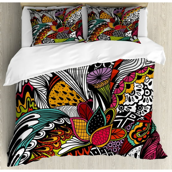 Ambesonne Garden Duvet Cover Set, Colorful Ornate Leaves, Queen, Multicolor