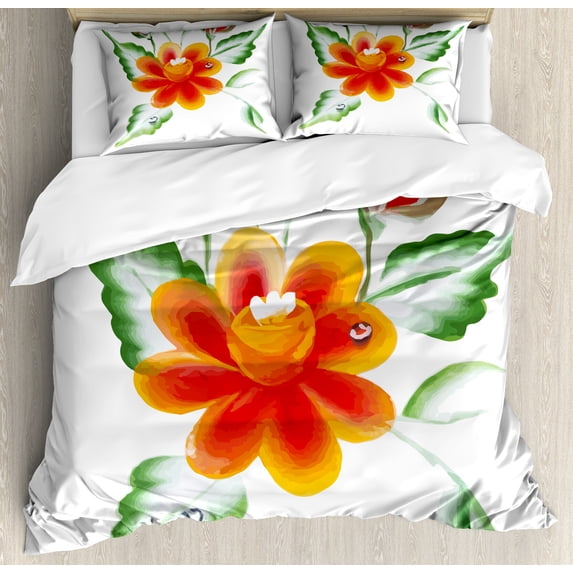 Ambesonne Garden Duvet Cover Set, Daffodils in Watercolors, King, Orange Green