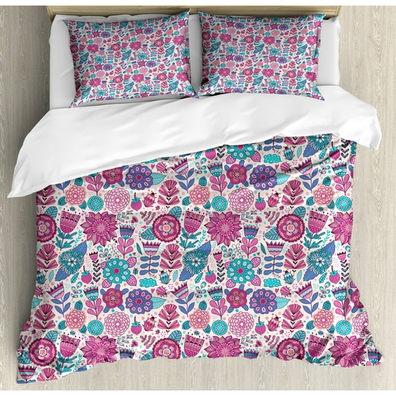 Ambesonne Garden Duvet Cover Set, Doodle Peonies Tulips, 2-Calking, Violet Blue Sky Blue