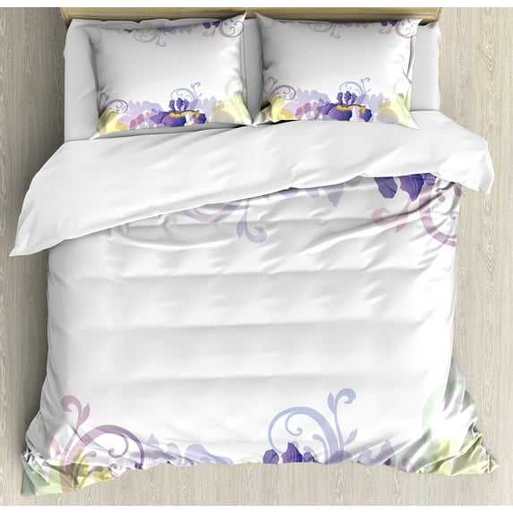 Ambesonne Garden Duvet Cover Sets, Classic Petals Pastel, 2-King, Purple Pale Green