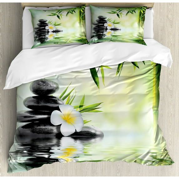 Ambesonne Garden Duvet Cover Sets, Frangipani Flowers Japanese, 2-Queen, Charcoal Grey and Pale Green