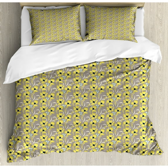 Ambesonne Garden Duvet Cover Sets, Meadow Inspired Spring, 2-Queen, Indigo Yellow Taupe