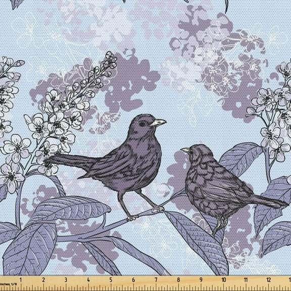 Ambesonne Garden Fabric by the Yard Upholstery, Birds Branches Flower Plot, 3 Yards, Lavender Blue and Grey