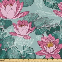 Ambesonne Garden Fabric by the Yard Upholstery, Blooming Water Lilies Plot, 1 Yard, Soft Pink and Petrol Blue