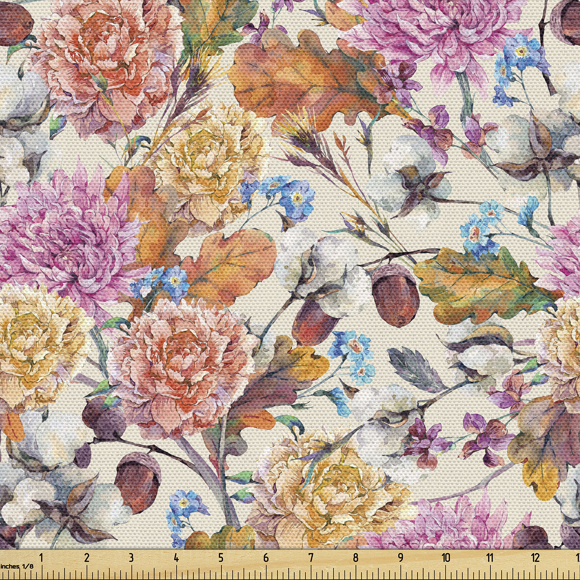 Ambesonne Garden Fabric by the Yard, Chrysanthemum Peony Acorns, 2 ...