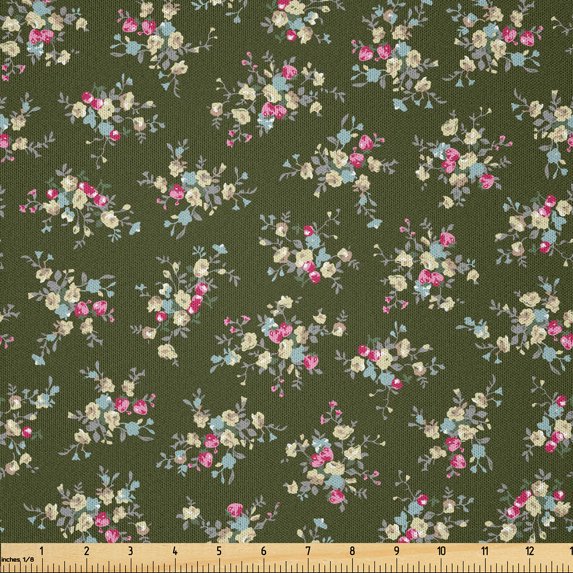 Ambesonne Garden Fabric by the Yard Microfiber, Minimalist Spring Blossoms, 2 Yards, Army Green and Pale Pink