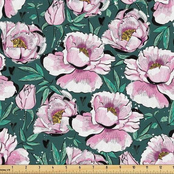 Ambesonne Garden Fabric by the Yard Upholstery, Peony Flowers Hearts Art, 1 Yard, Soft Pink and Sea Green