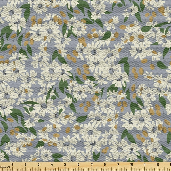 Ambesonne Garden Fabric by the Yard Upholstery, Comsos Flowers Olives Art, 5 Yards, Olive Green and Pale Coffee