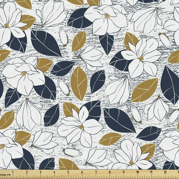 Ambesonne Garden Fabric by the Yard Upholstery, Flower Budding Leaf Art, 2 Yards, White Pale Coffee Indigo