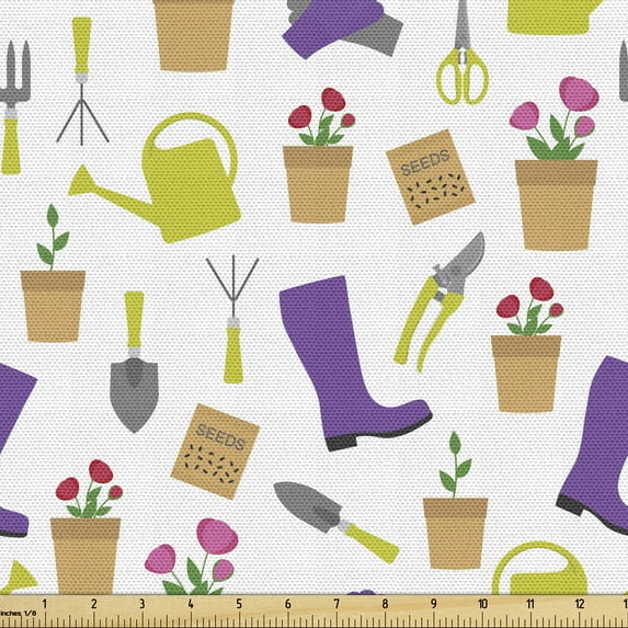 Ambesonne Garden Fabric by the Yard Upholstery, Flowerpot Scissors Flowers, 1 Yard, Violet and Yellow Green